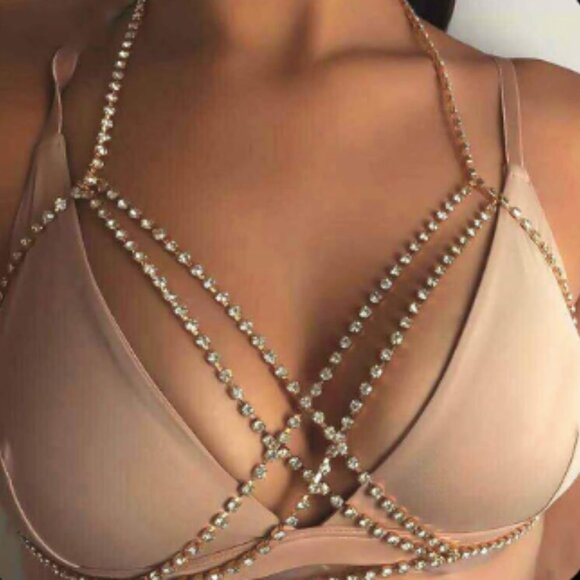 Gold Rhinestone Layered Bra Chain Body Jewelry - Picture 2 of 4